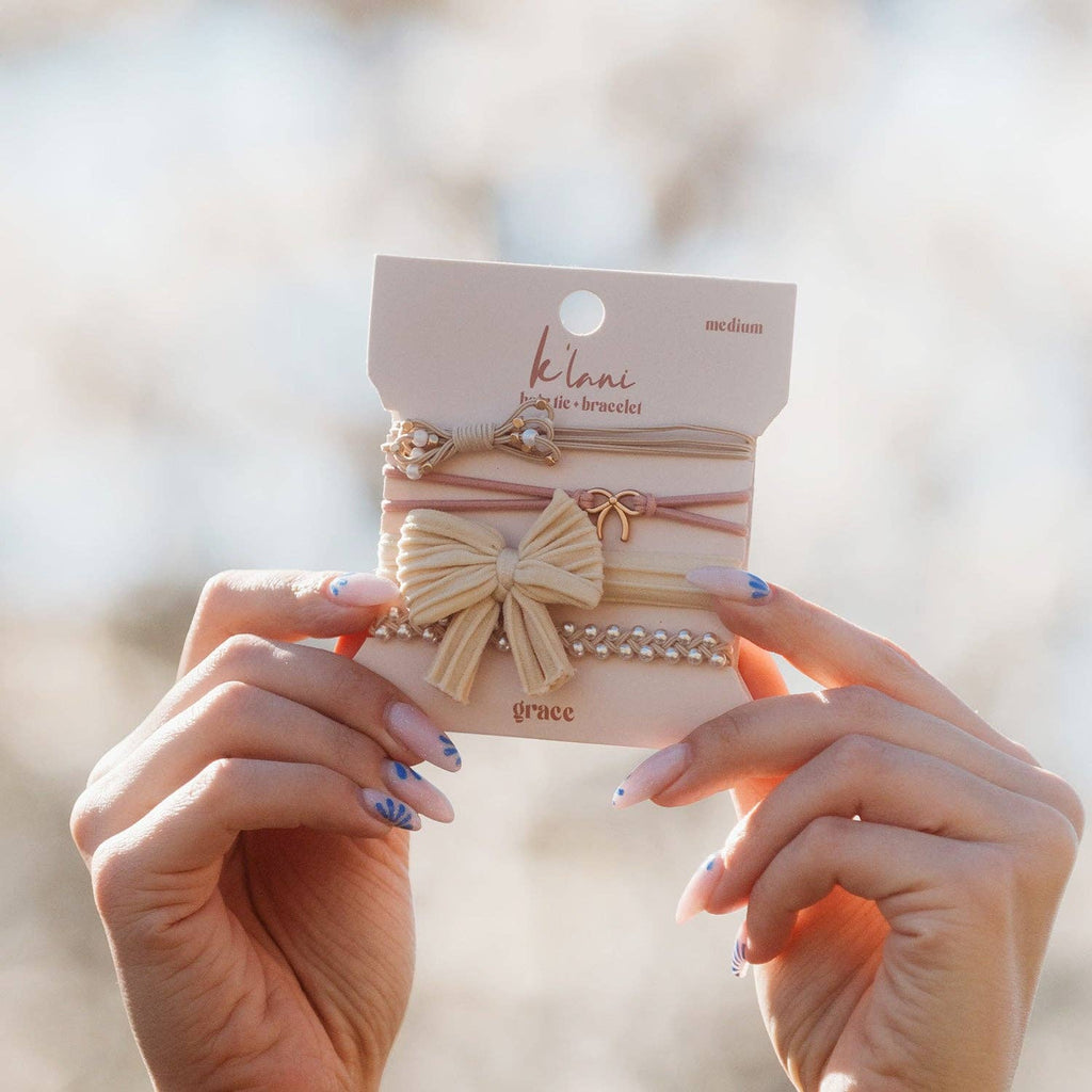 "Grace" - Pearls, Gold and Bows Hair Tie Bracelets