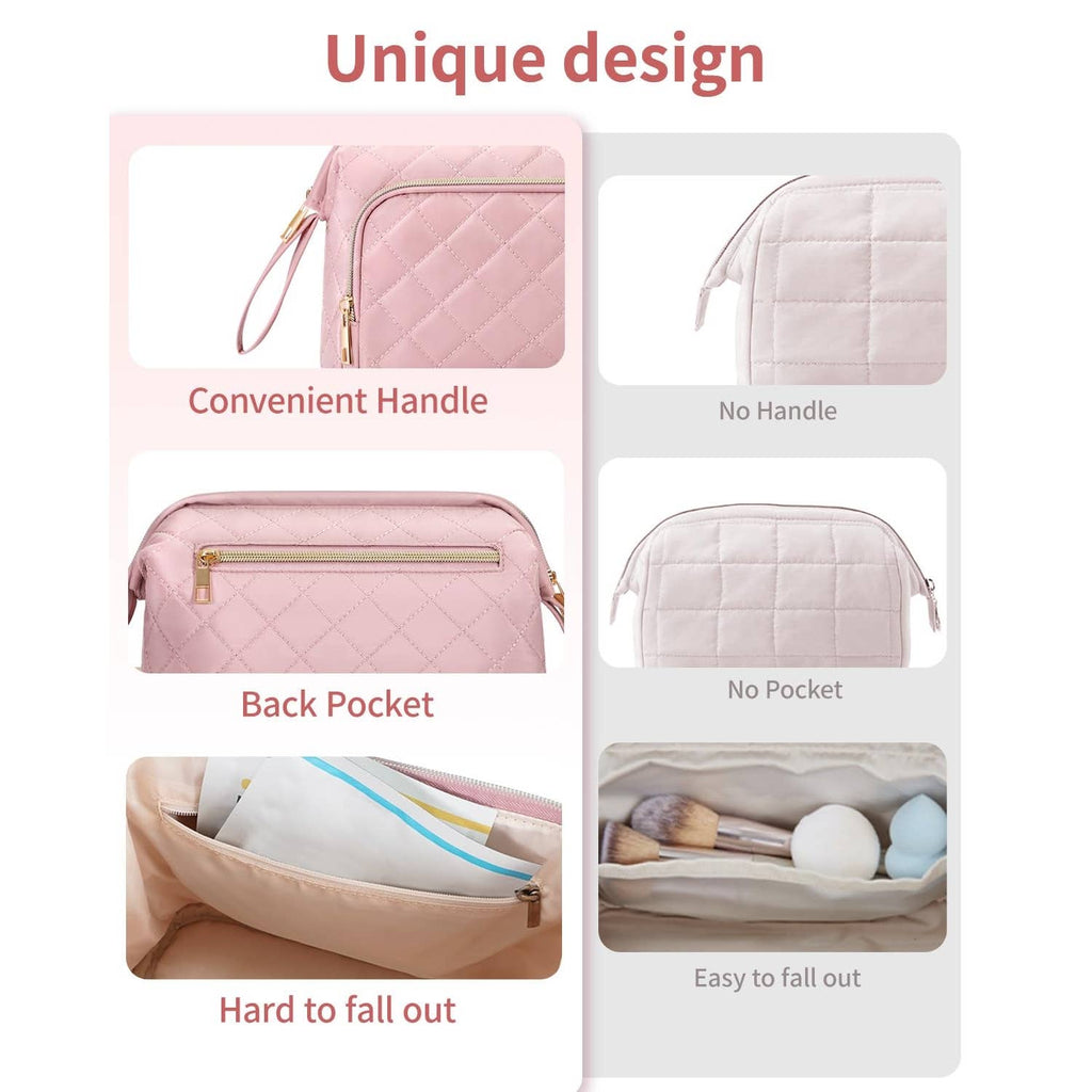 Wide-open Quilted Travel Makeup Organizer Bag with Handle