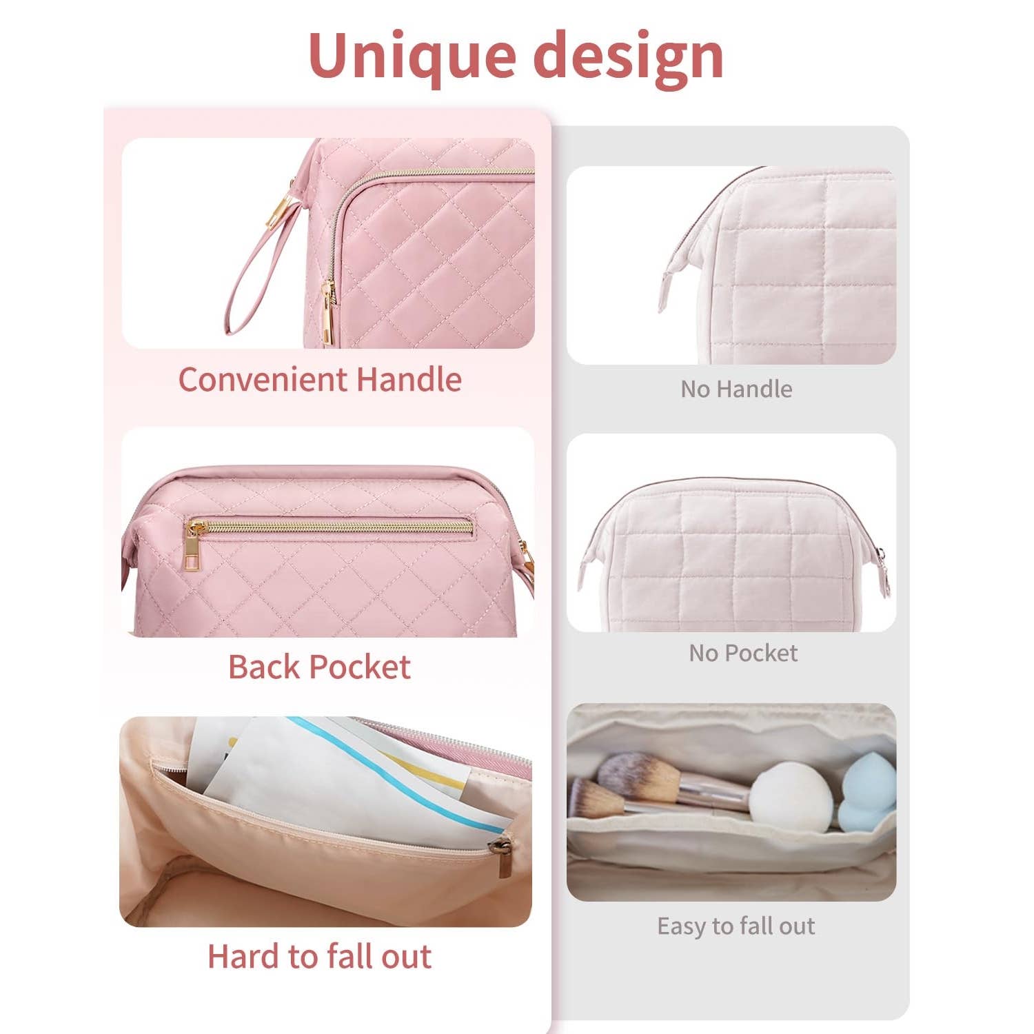 Wide-open Quilted Travel Makeup Organizer Bag with Handle