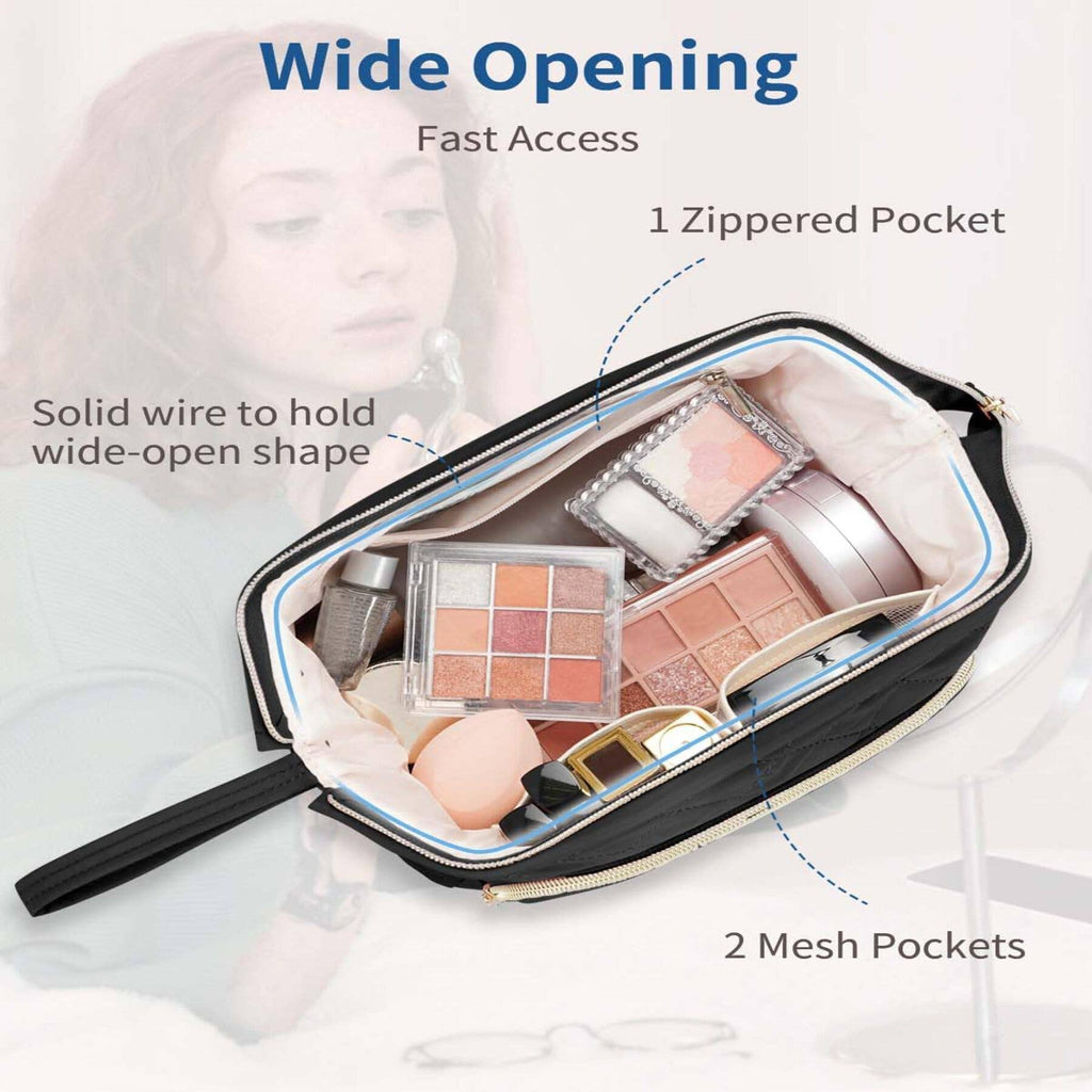 Wide-open Quilted Travel Makeup Organizer Bag with Handle