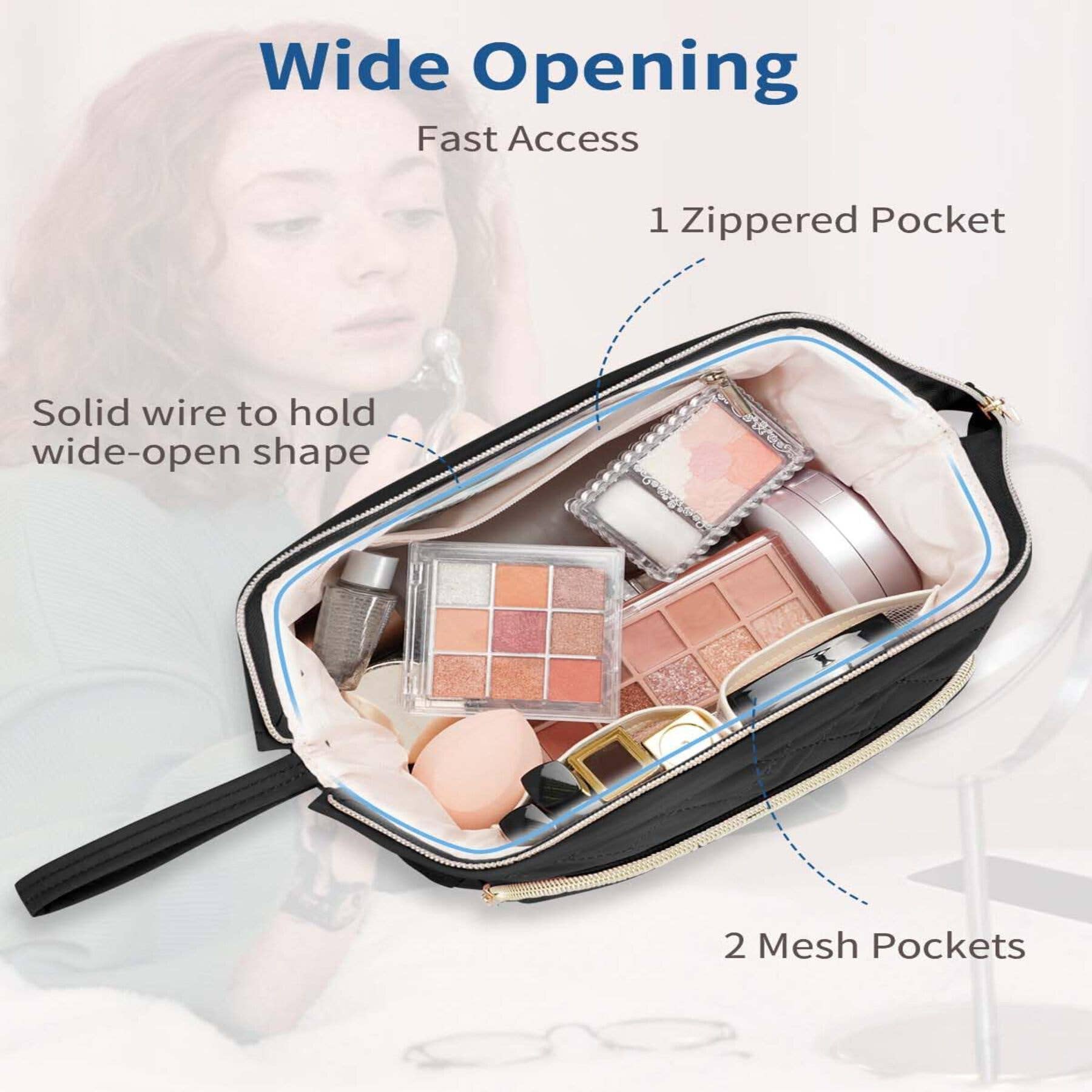 Wide-open Quilted Travel Makeup Organizer Bag with Handle