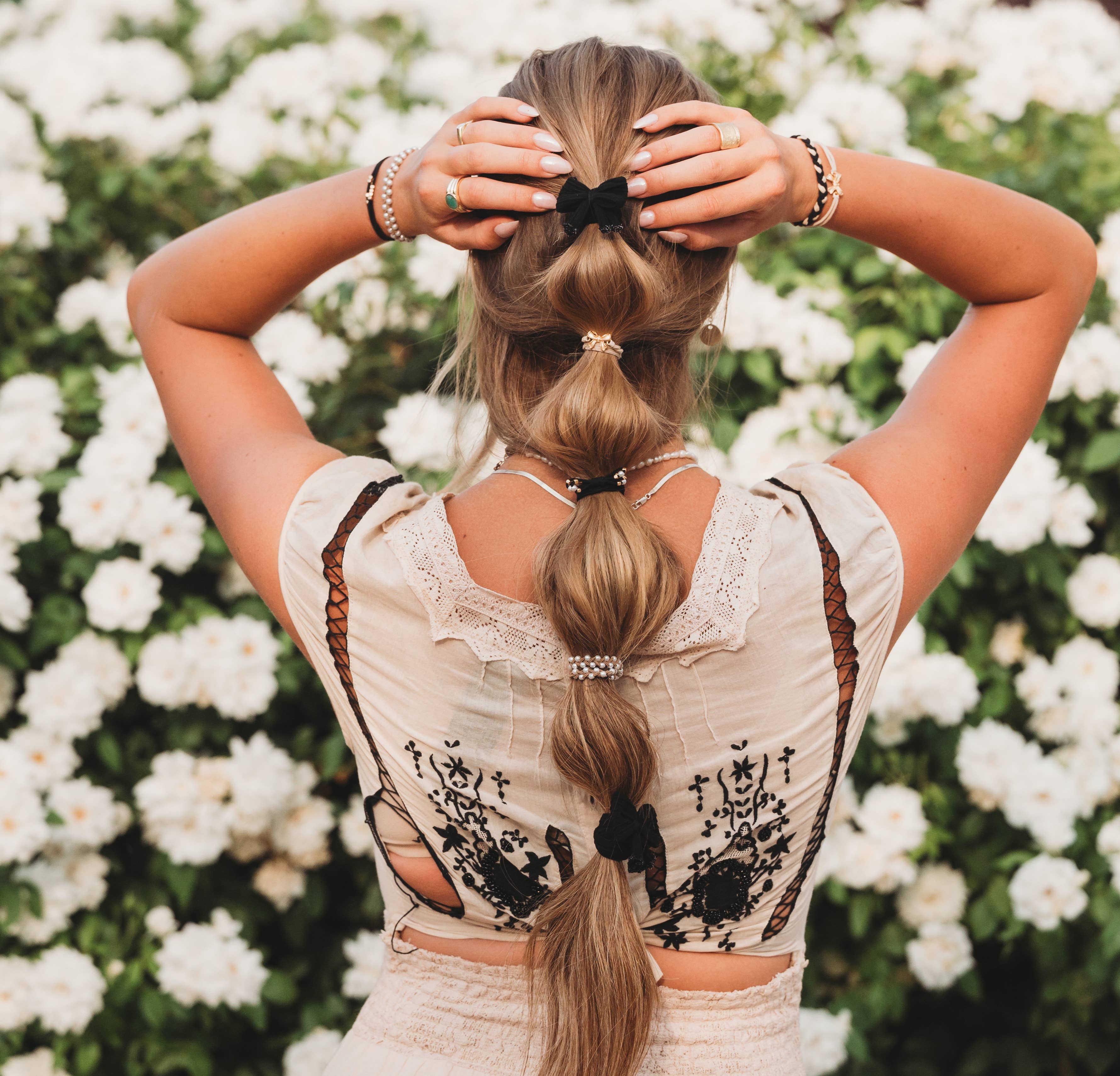 "Harmony" Bows, Pearls, Black & Gold Hair Tie Bracelets