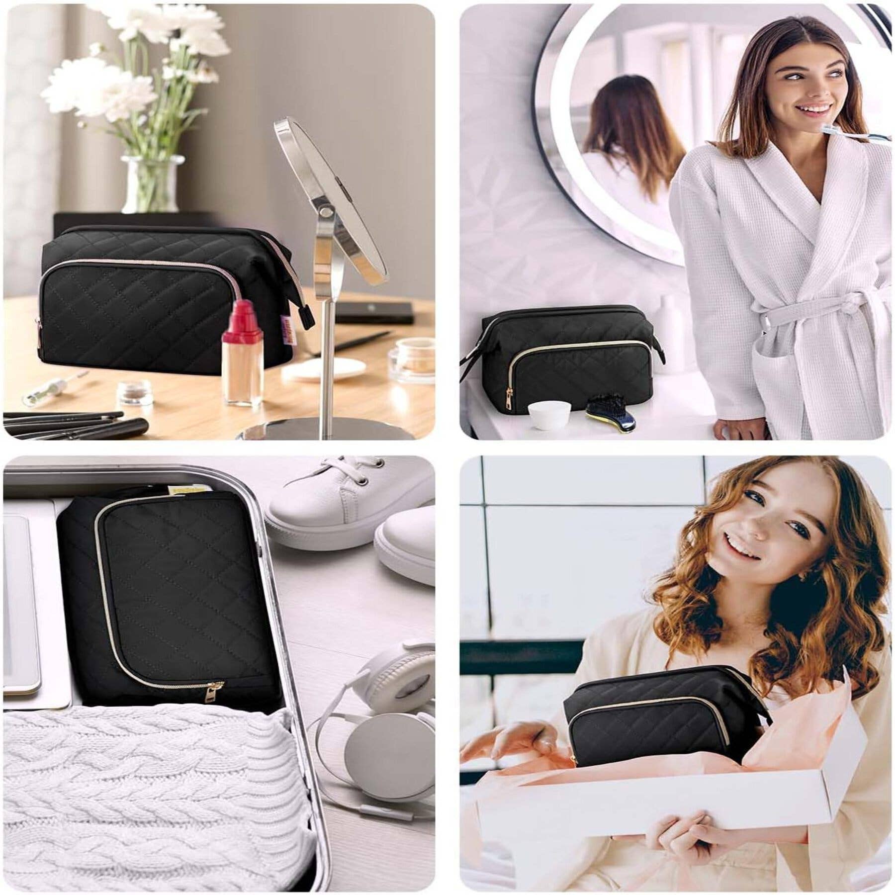 Wide-open Quilted Travel Makeup Organizer Bag with Handle