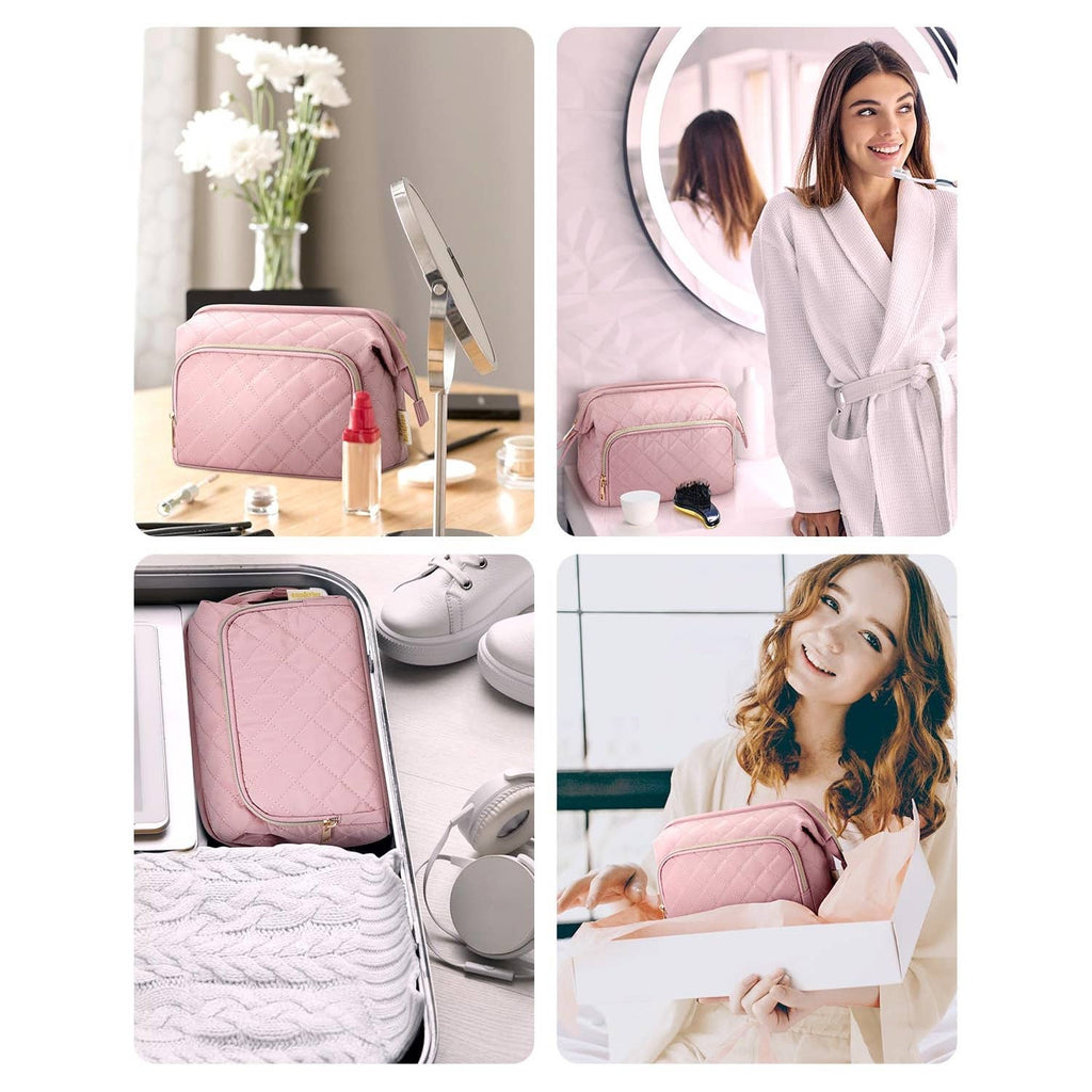Wide-open Quilted Travel Makeup Organizer Bag with Handle
