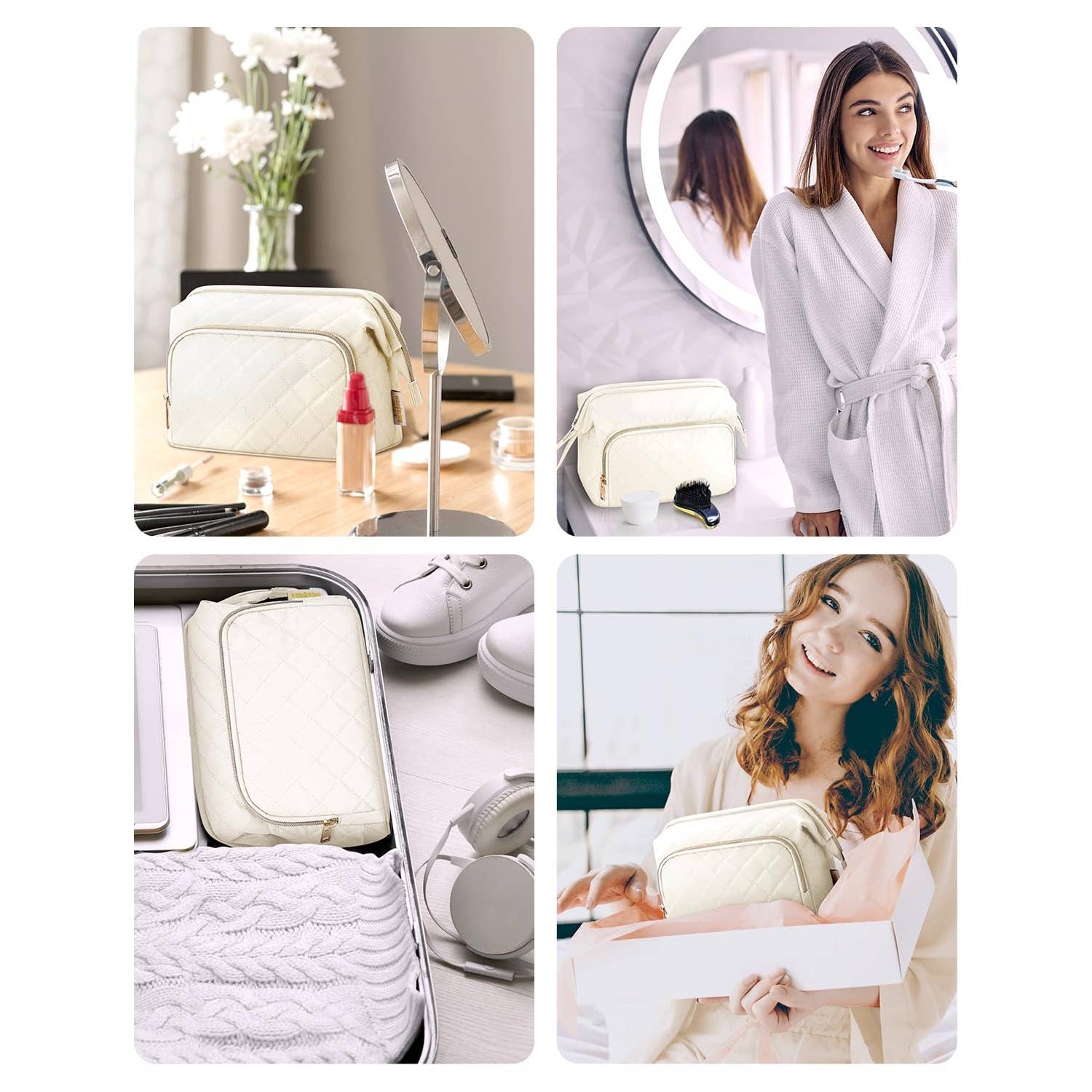 Wide-open Quilted Travel Makeup Organizer Bag with Handle