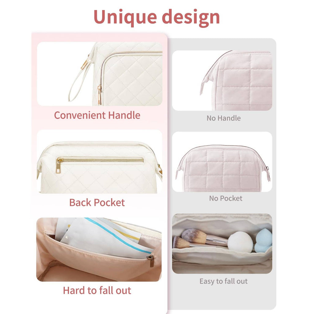 Wide-open Quilted Travel Makeup Organizer Bag with Handle