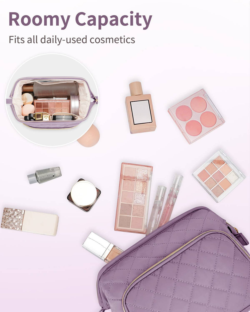 Wide-open Quilted Travel Makeup Organizer Bag with Handle