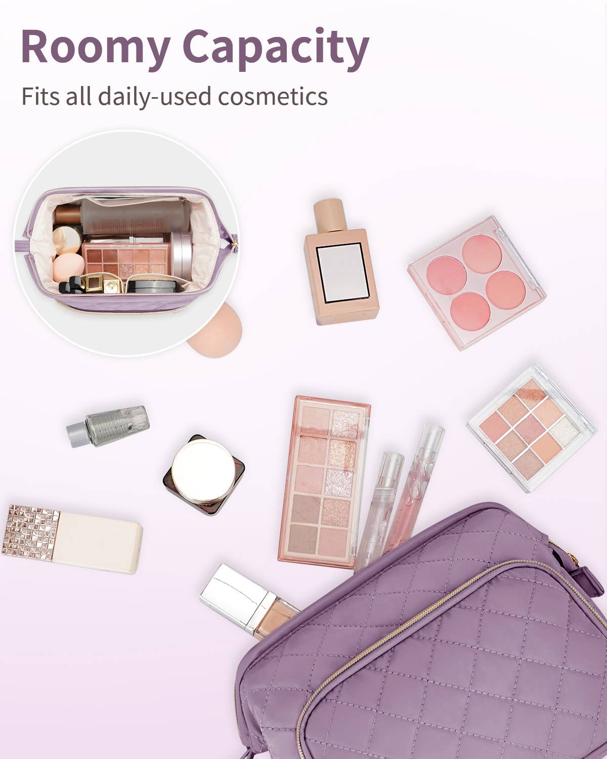 Wide-open Quilted Travel Makeup Organizer Bag with Handle