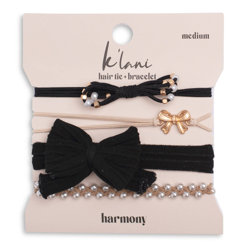 "Harmony" Bows, Pearls, Black & Gold Hair Tie Bracelets