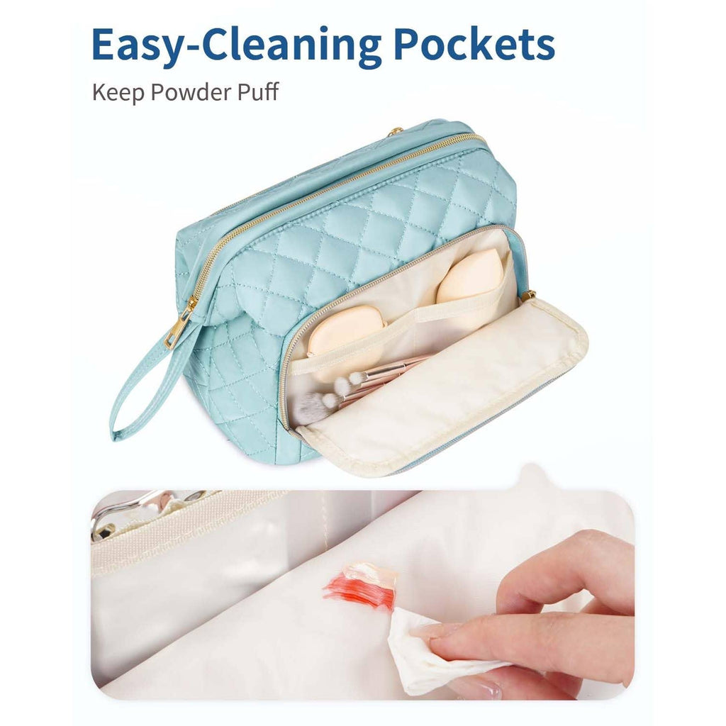 Wide-open Quilted Travel Makeup Organizer Bag with Handle