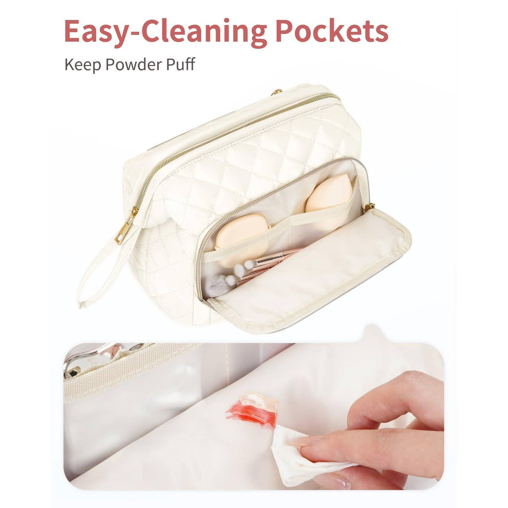 Wide-open Quilted Travel Makeup Organizer Bag with Handle
