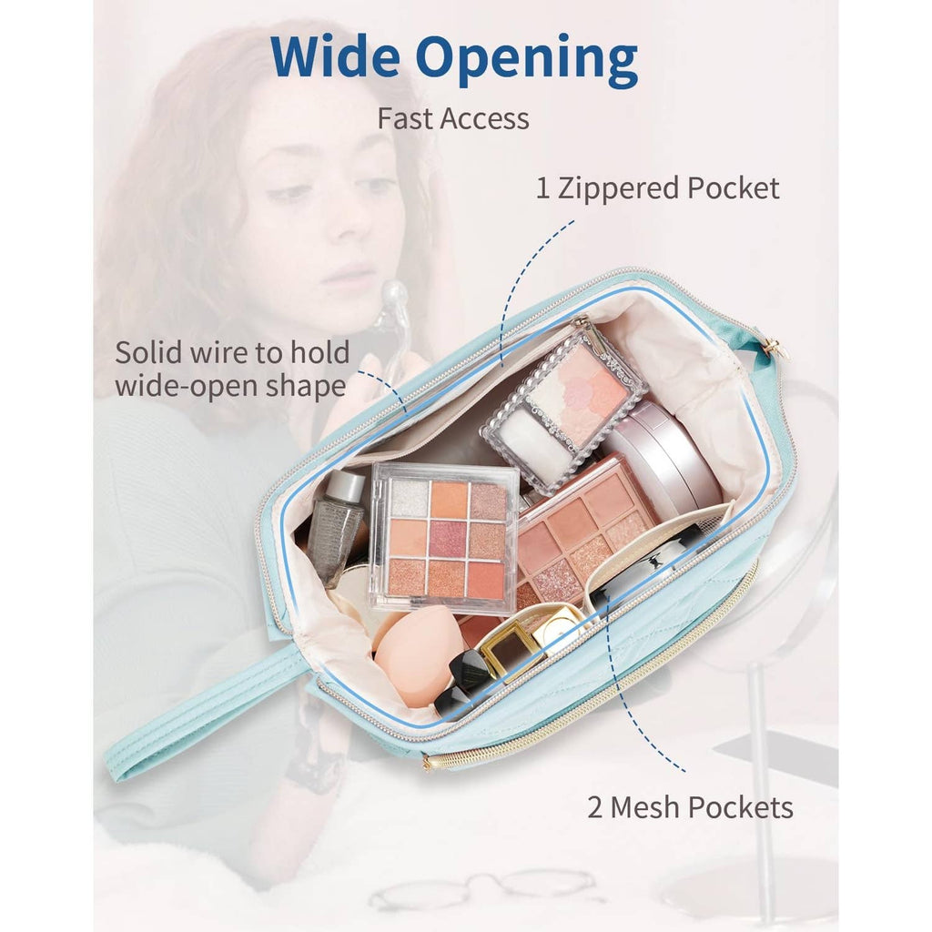 Wide-open Quilted Travel Makeup Organizer Bag with Handle