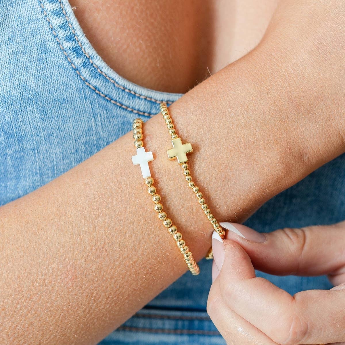 3mm Beaded Stretch Bracelet with Single Gold Cross
