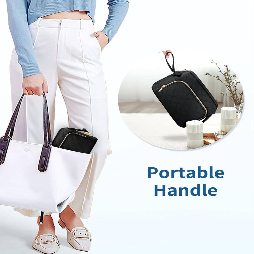 Wide-open Quilted Travel Makeup Organizer Bag with Handle