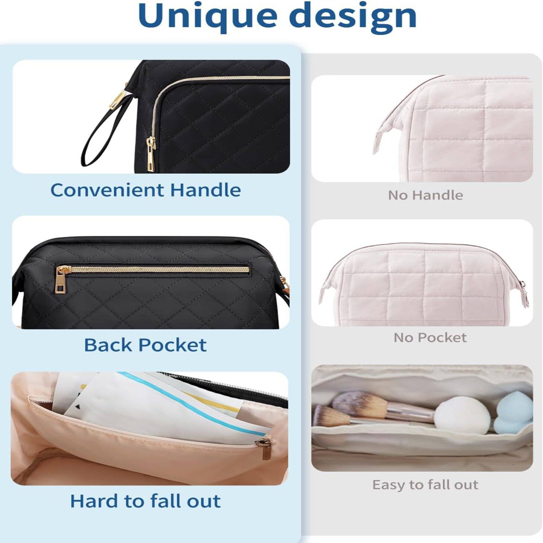Wide-open Quilted Travel Makeup Organizer Bag with Handle