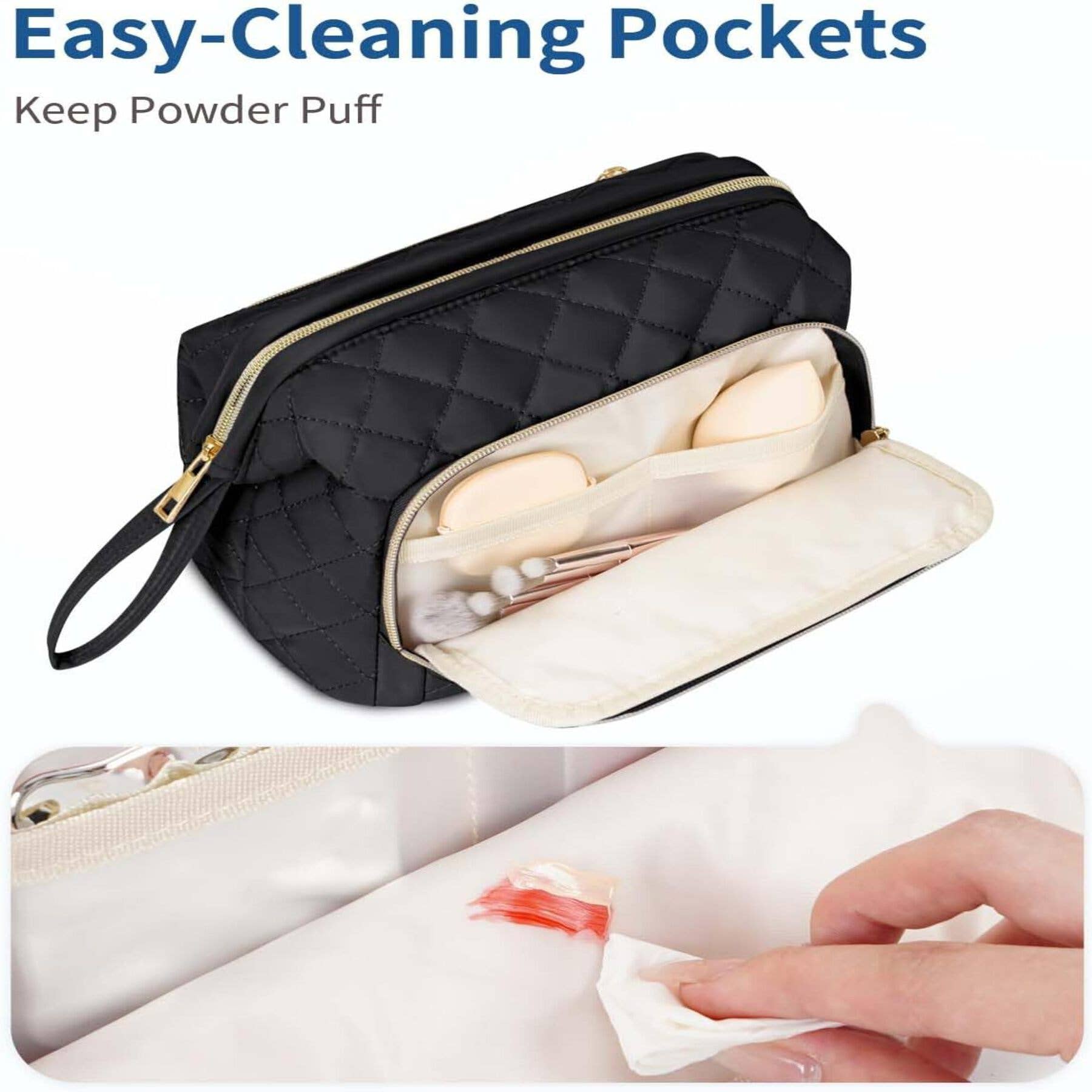 Wide-open Quilted Travel Makeup Organizer Bag with Handle