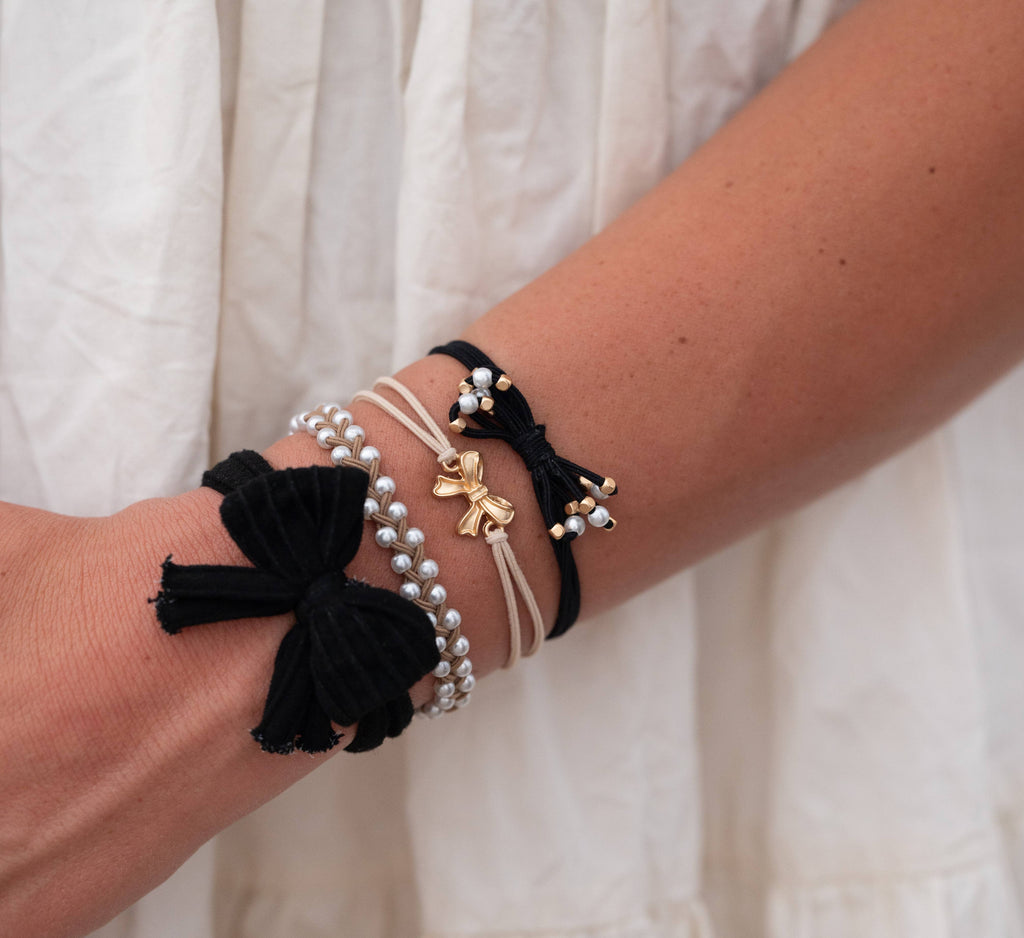 "Harmony" Bows, Pearls, Black & Gold Hair Tie Bracelets