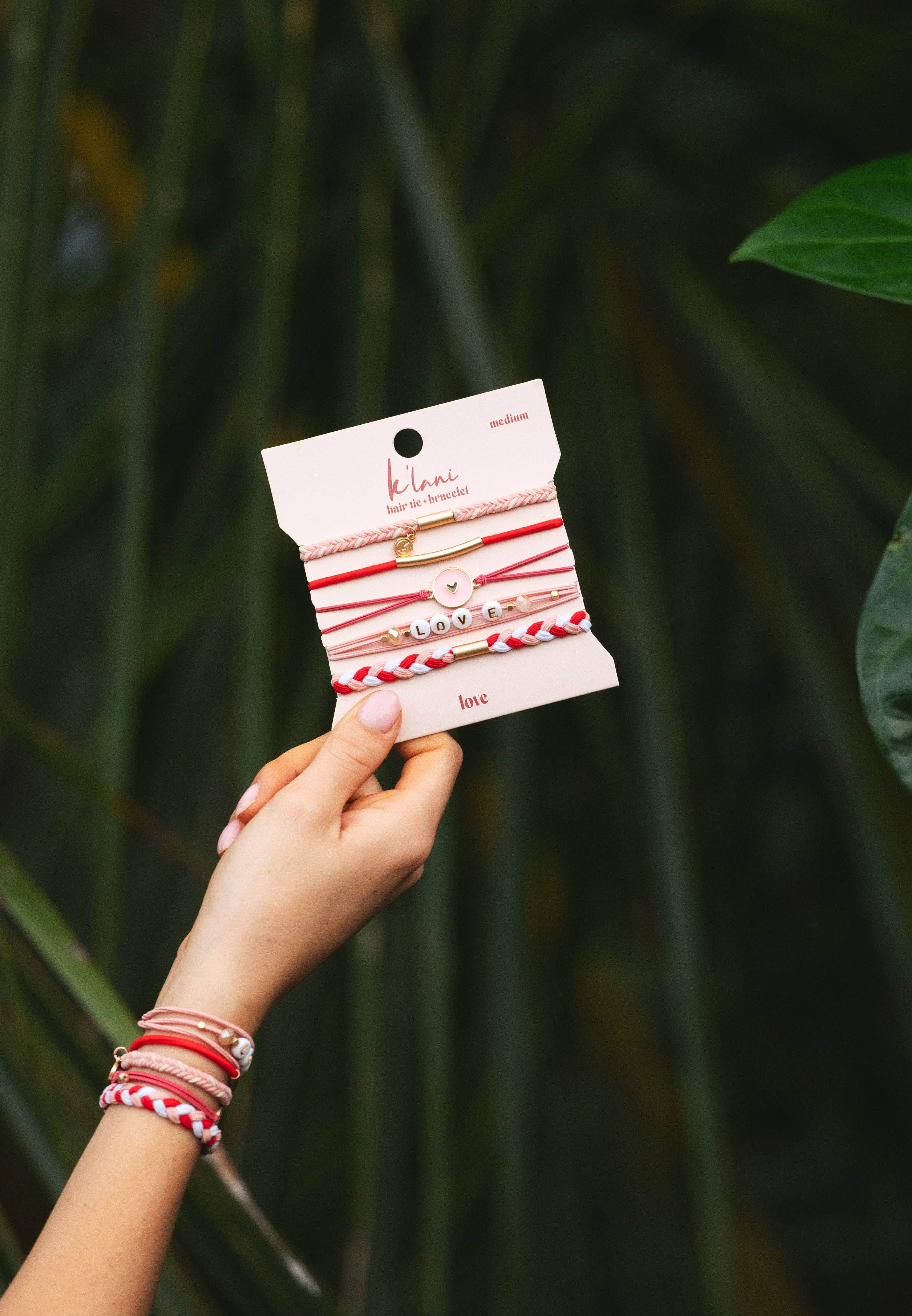 "Love" Pink Hearts Hair Tie Bracelets