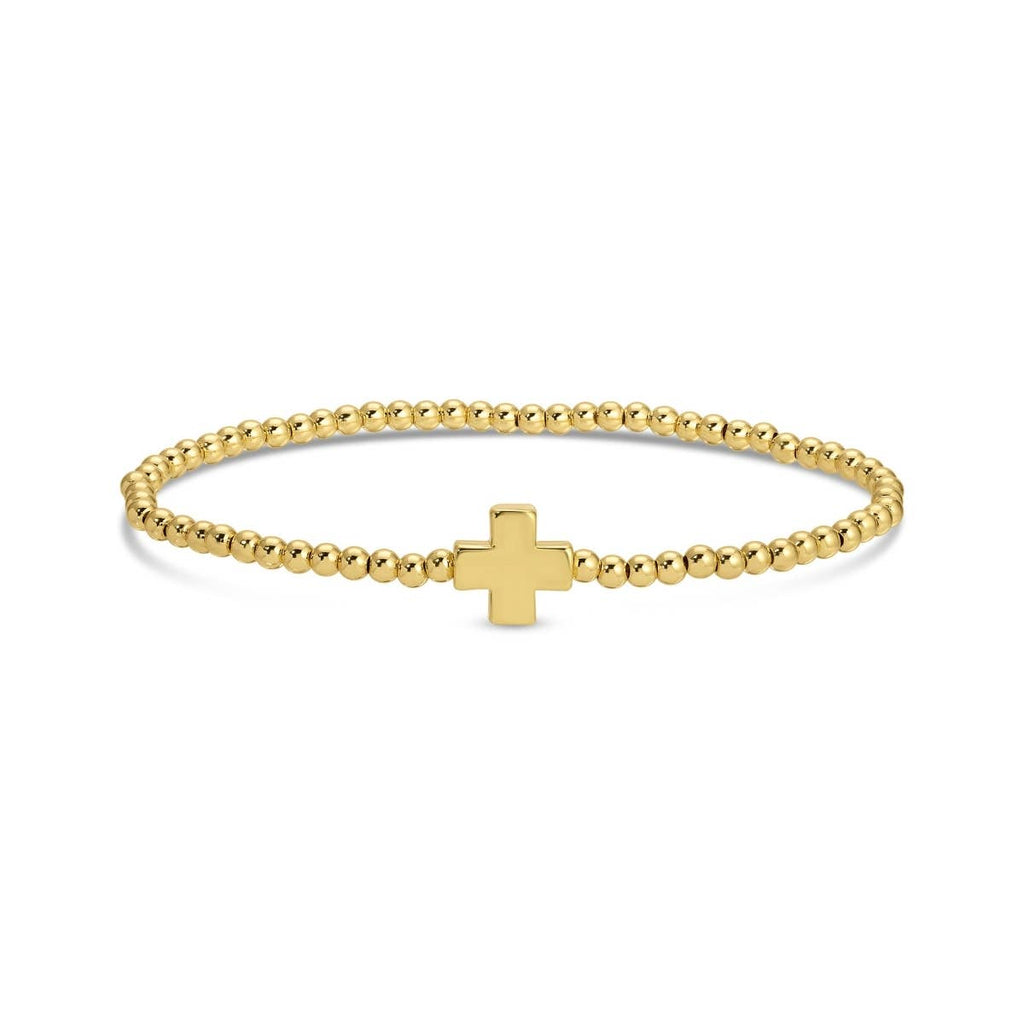 3mm Beaded Stretch Bracelet with Single Gold Cross