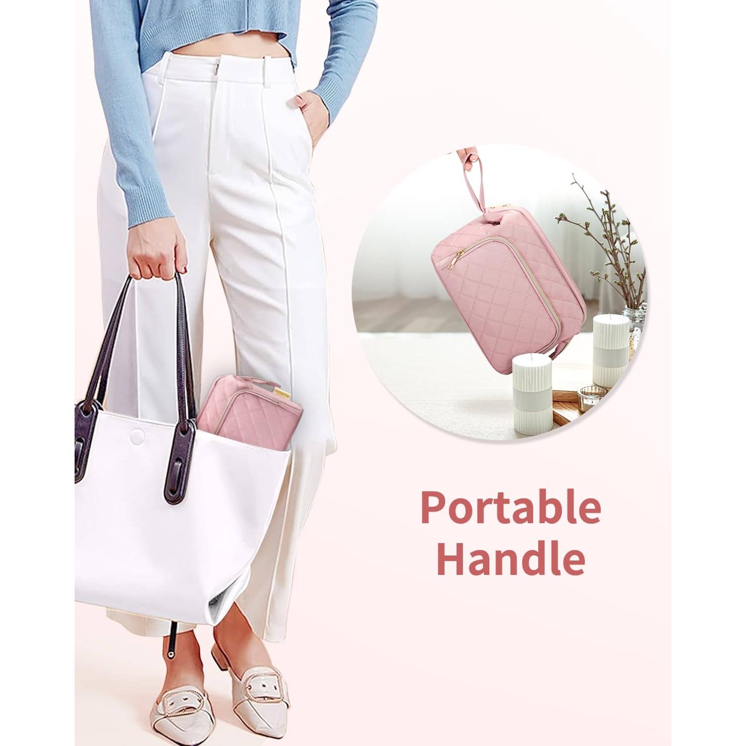 Wide-open Quilted Travel Makeup Organizer Bag with Handle