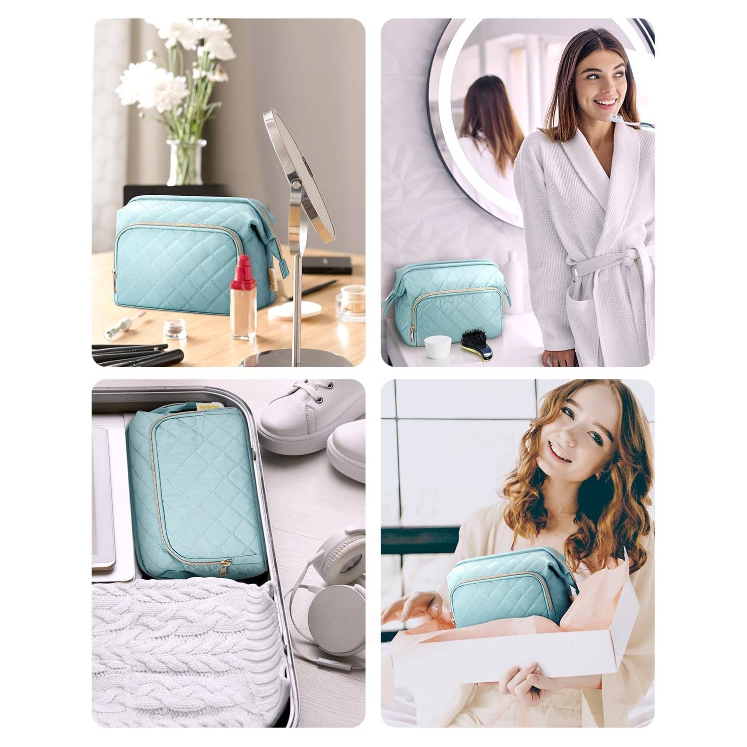 Wide-open Quilted Travel Makeup Organizer Bag with Handle
