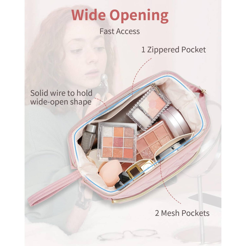Wide-open Quilted Travel Makeup Organizer Bag with Handle